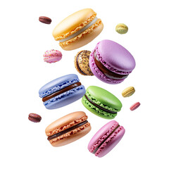Colorful macarons arranged in a playful, floating composition showcasing various flavors and textures.