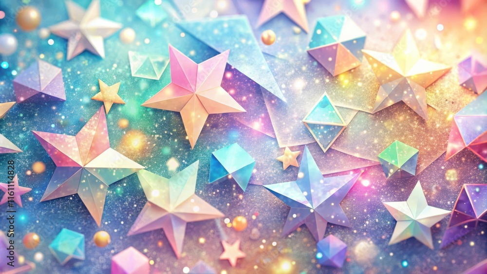 Poster a shimmering galaxy of colorful stars and geometric shapes, bathed in a soft glow of light.