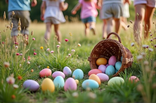 Colorful easter egg hunt with children in a sunny field - Powered by Adobe