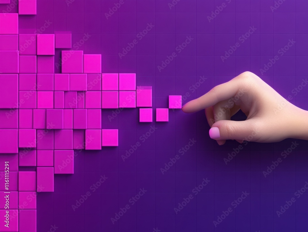 Poster hand reaching towards colorful cube blocks on a modern purple background, symbolizing creativity, in