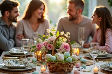 Caucasian family enjoying easter celebration with colorful eggs and floral decorations