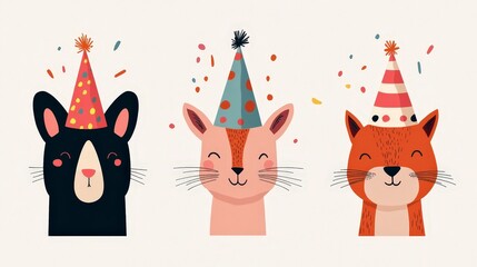 Cute Animals in Party Hats with Confetti Celebrating Together