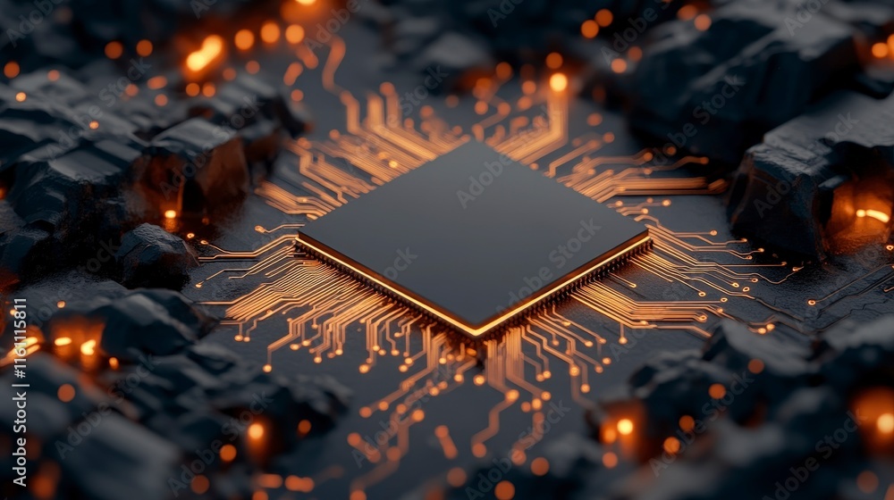 Poster high-tech microchip connected to glowing circuitry in dark landscape