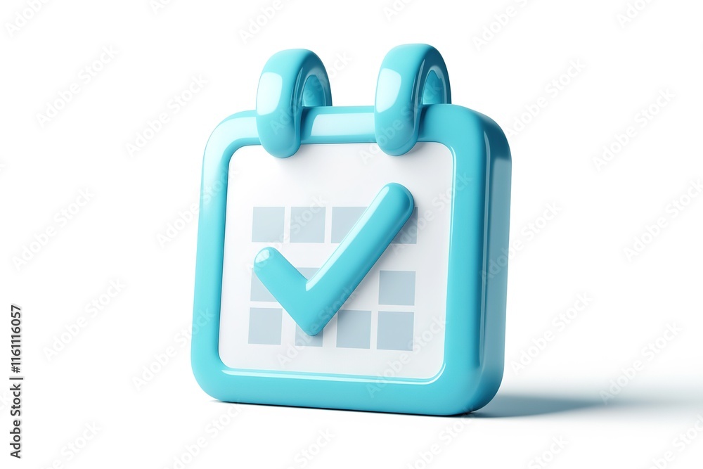 Poster completed task on calendar. blue 3d calendar icon with a checkmark, symbolizing scheduling and organ