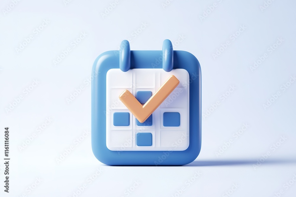 Poster 3d render of a blue calendar icon with a checkmark, symbolizing scheduling and task completion.