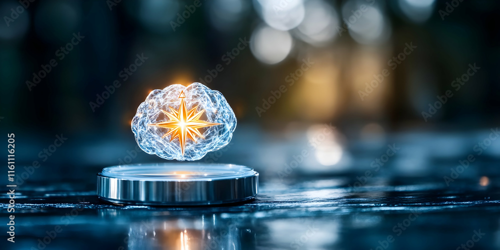 Poster glowing brain-shaped object levitates above a metallic platform, symbolizing innovation and intellig