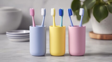 Colorful Toothbrushes in Trendy Cups on a Marble Surface with Soft Lighting and a Green Plant in the Background for Dental Hygiene and Bathroom Decor