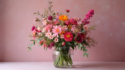 Obraz premium Vibrant Pink Floral Arrangement in Glass Vase, Stunning Bouquet of Pink, Orange, and Red Flowers