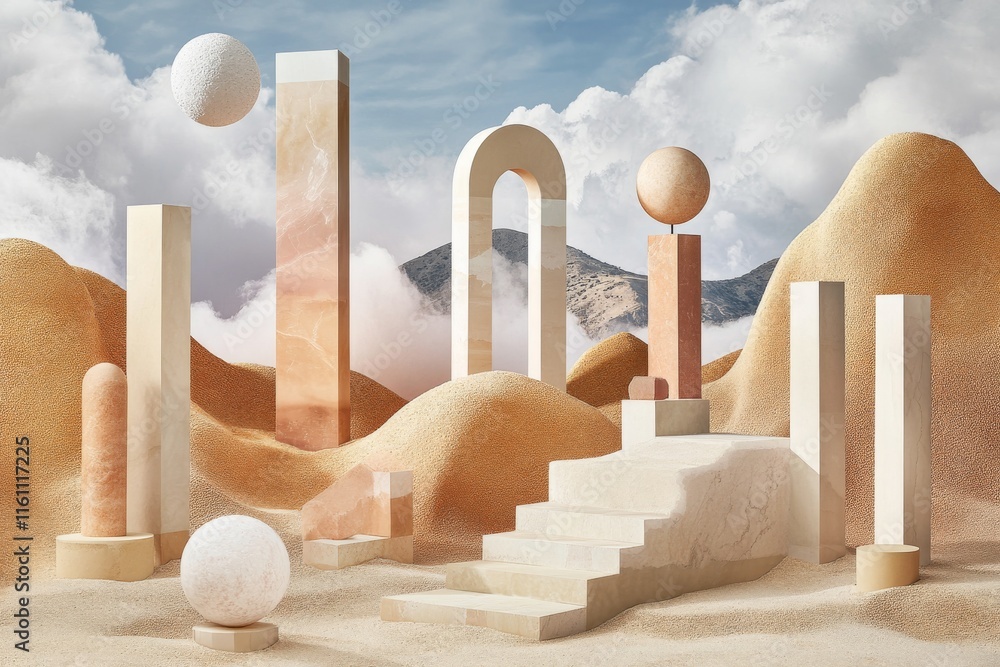 Poster abstract landscape with geometric forms and soft textures against a cloudy sky.