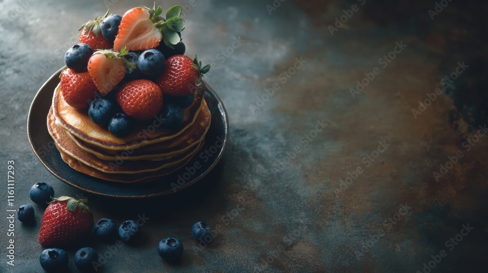 Poster delicious stack of golden pancakes topped with fresh strawberries and blueberries on a rustic dark s