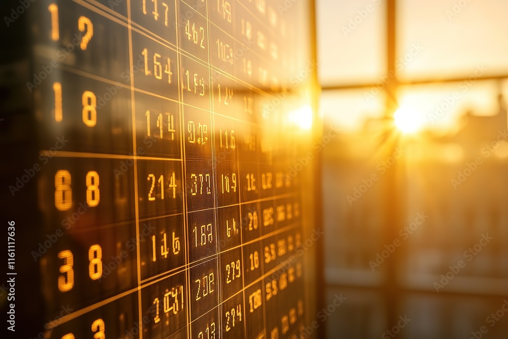 Poster financial data displayed on a screen, backlit by a setting sun. numbers and figures dominate the com