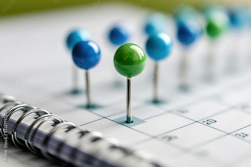 Poster colorful pushpins mark important dates on a spiral-bound calendar. planning and scheduling concept.