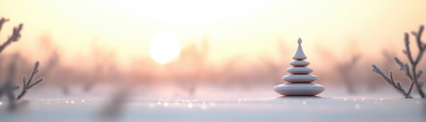Serene Winter Scene Featuring a Stacked White Pebble Tower Set Against a Softly Glowing Sunset with Frosty Branches in the Background