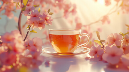 a cup of sweet tea between peach branches