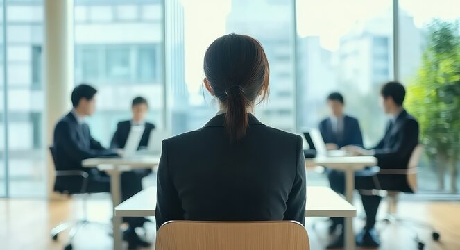 A professional meeting with a woman observing a group of men discussing around a table.