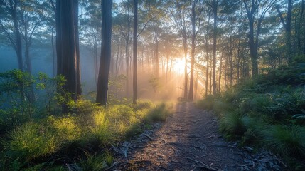 Obraz premium Mystical forest at twilight with soft light filtering through ancient trees