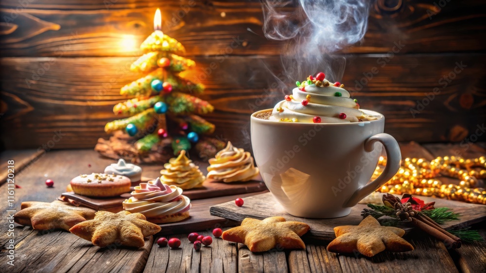 Poster a steaming cup of hot cocoa topped with whipped cream and sprinkles sits on a wooden table surrounde