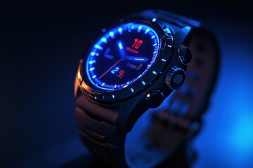 Sleek smartwatch with illuminated digital display, showcasing time and battery percentage.  Perfect for tech and lifestyle imagery.