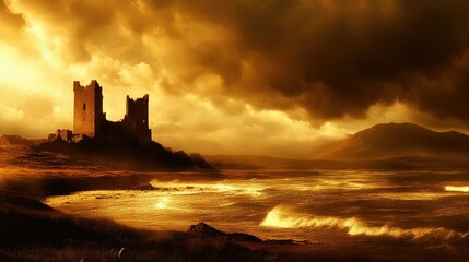 Fototapeta premium Dramatic sunset over coastal castle ruins.