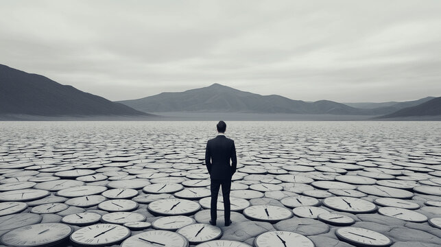Chronophobia fear of passing time. A solitary figure stands in an infinite desert landscape, evoking themes of isolation and vastness in this striking image.