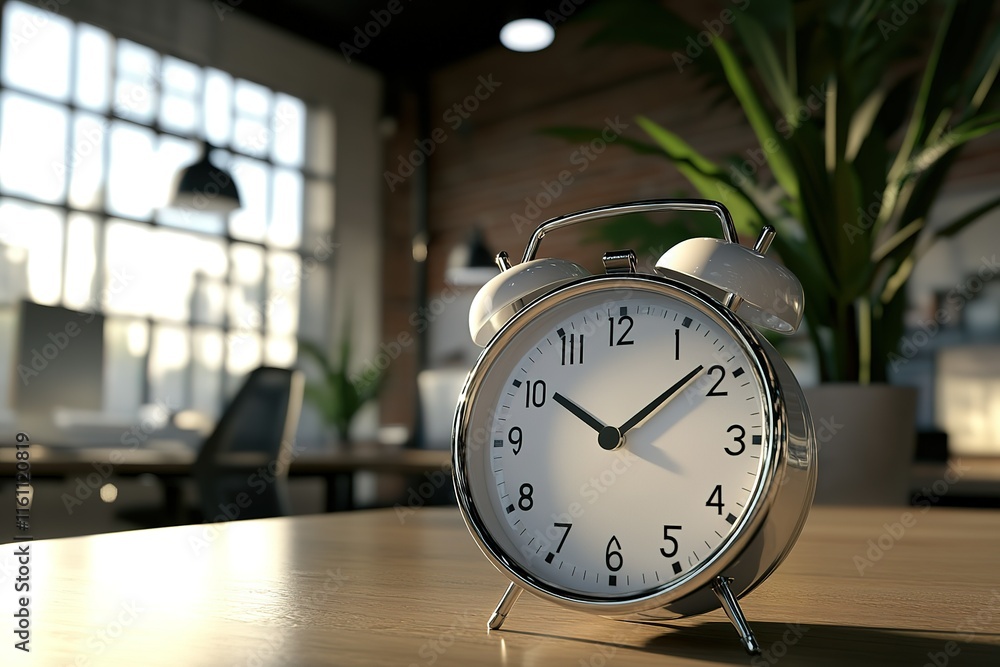 Poster alarm clock on a desk in a modern office setting. sunlight streams through large windows.