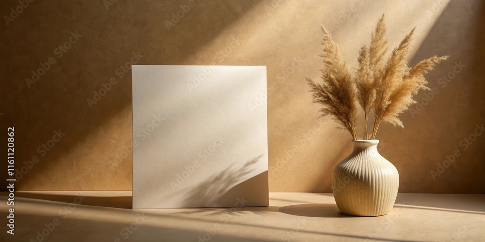 Poster a simple still life with a blank canvas and a ceramic vase with dried foliage, capturing the interpl