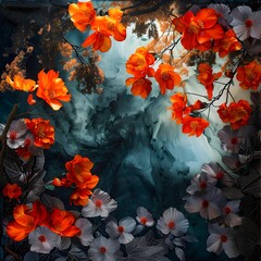 Ethereal Orange Blossoms with Silver Accents in a Glowing Background