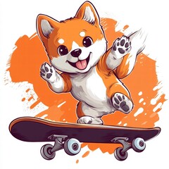 Playful Cartoon Dog on Skateboard with Orange Background Design