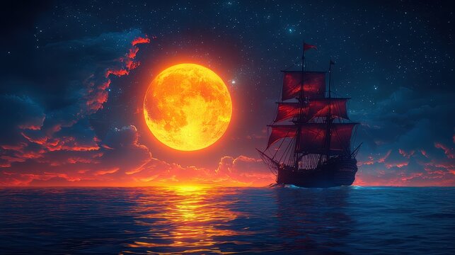 Pirate ship sailing under a vibrant moonlit sky with a maroon and gold flag