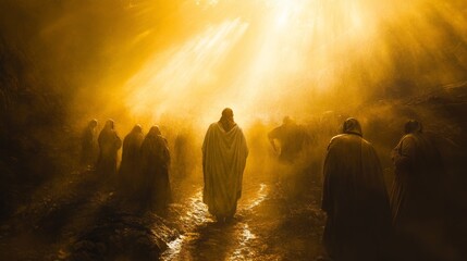 Pilgrims walking towards bright light in mystical landscape