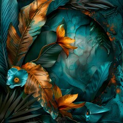 Glowing Golden and Teal Petals Under Moonlight with Tropical Leaves
