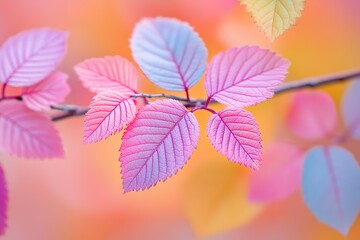 Obraz premium Delicate pink and blue leaves on a branch, bathed in soft autumn light. A serene and colorful nature scene.