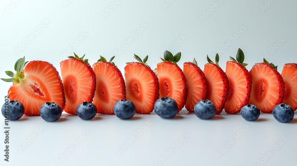 Poster dynamic arrangement of sliced strawberries and blueberries forming gradient on smooth white surface 