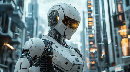 Fototapeta premium Sleek metallic robot stands in a bustling futuristic urban landscape