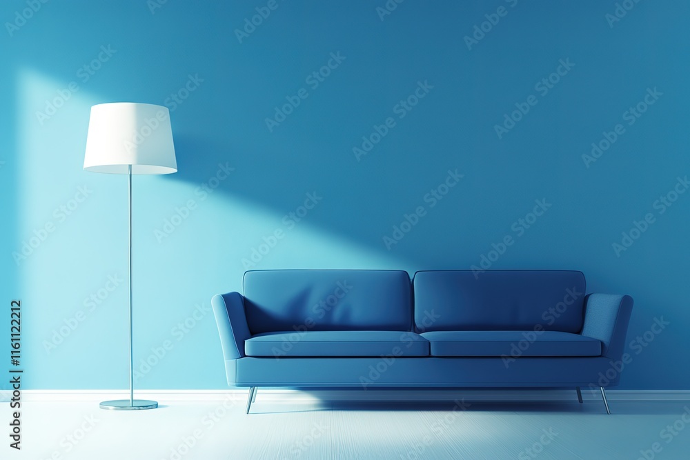 Poster modern living room with blue sofa and floor lamp. sunlight streams through the window, creating a ca