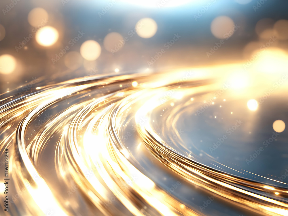 Poster abstract swirling golden light trails on dark background with bokeh effect.