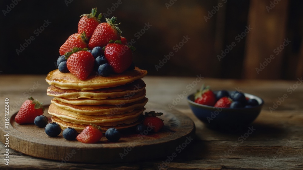 Poster delicious stack of golden pancakes topped with fresh strawberries and blueberries on rustic wooden t