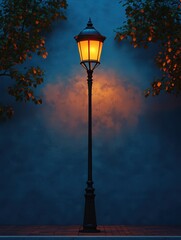 Cartoon style street lamp illuminating a tranquil evening background