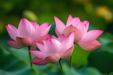 Fototapeta premium Three pink lotus flowers in bloom, delicate petals against a soft green background.