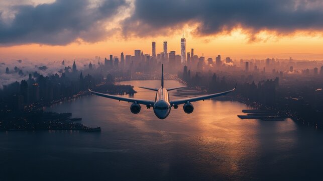 Stunning sunset view of an airplane at a New York airport with city skyline in the background