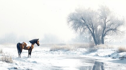 Majestic Horse Standing in Snowy Landscape by Winter Riverbank