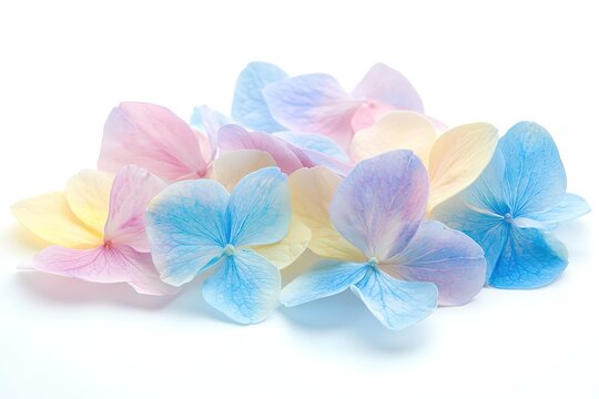 Pastel hydrangea petals scattered on white background. Soft, delicate colors create a tranquil and serene image. - Powered by Adobe