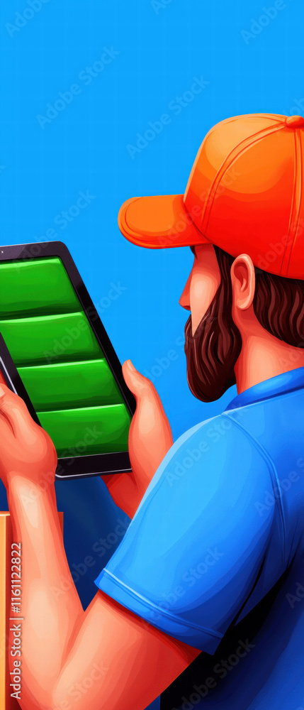 Aufkleber inventory management order planning. man in cap using a tablet with a blue background and green scre