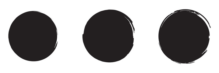 Set of grunge circle brush. Set of vector brush circles. Rough textured hand painted. Sponge stamp grungy ink blobs, splashes. Abstract watercolor illustration.