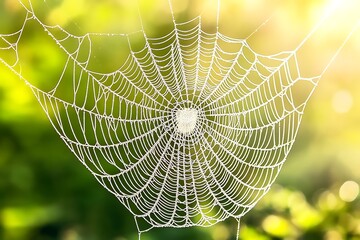 Naklejka premium Spider web with dewdrops in morning sunlight. Nature background