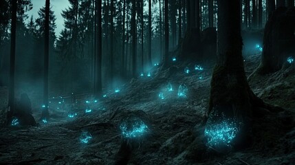 Fototapeta premium Ethereal blue lights illuminate a dark, mossy forest floor.