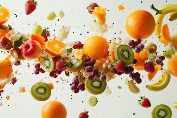 Fresh fruit explosion! A vibrant mix of oranges, kiwi, strawberries, and more, captured mid-air.