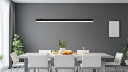 A contemporary dining room with gray walls, white furniture, and a linear black pendant light