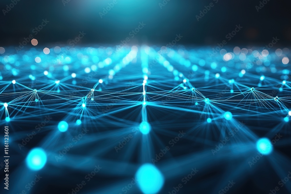 Poster abstract digital network of glowing blue lines and nodes representing technology and innovation