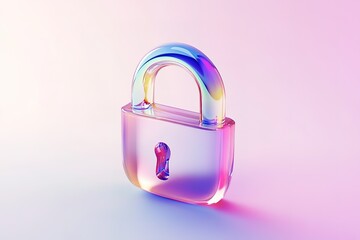 Iridescent glass padlock on a pastel background.  A symbol of security and protection, showcasing a modern and stylish design.